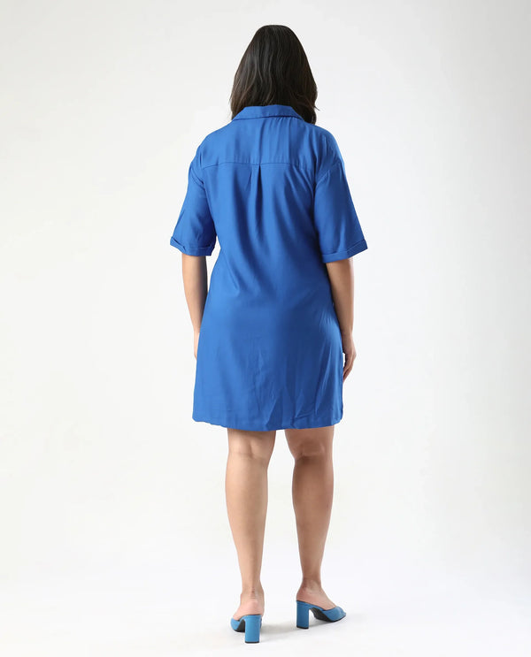 Rareism Women Dilijan Blue Regular Sleeves Collared Neck Button Closure Asymmetric Knee Length Plain Dress