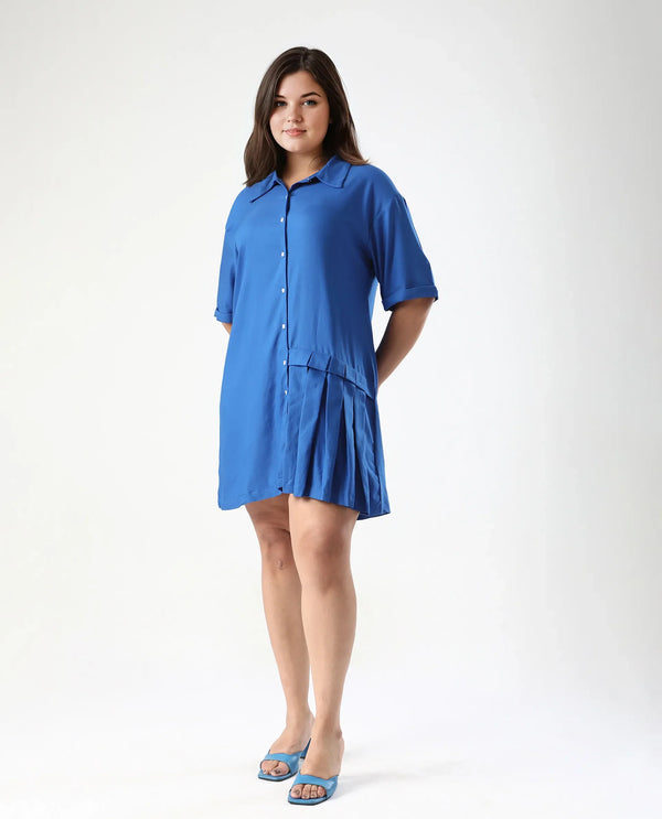 Rareism Women Dilijan Blue Regular Sleeves Collared Neck Button Closure Asymmetric Knee Length Plain Dress