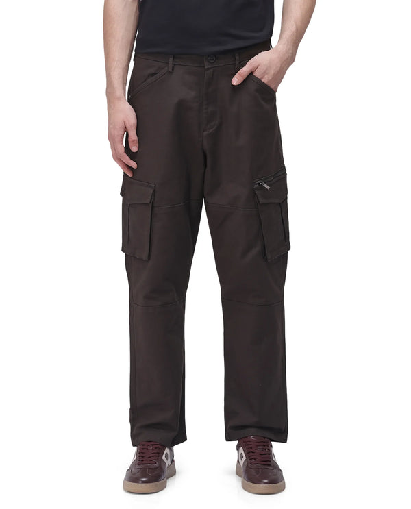 Rare Rabbit Men's Dima Dark Brown Cotton Elastane Fabric Button And Zip Closure Cargo Trouser