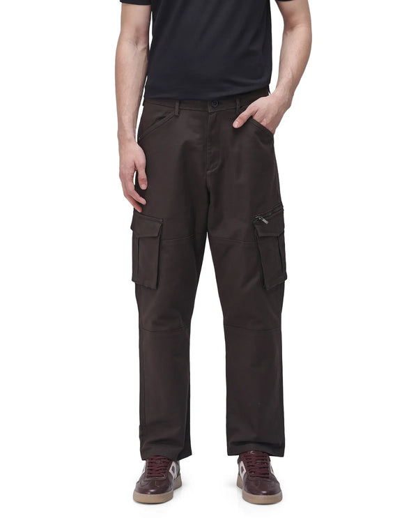 Rare Rabbit Men's Dima Dark Brown Cotton Elastane Fabric Button And Zip Closure Cargo Trouser