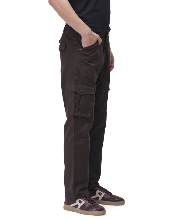Rare Rabbit Men's Dima Dark Brown Cotton Elastane Fabric Button And Zip Closure Cargo Trouser