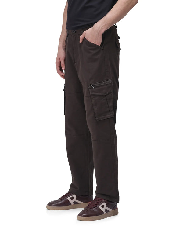 Rare Rabbit Men's Dima Dark Brown Cotton Elastane Fabric Button And Zip Closure Cargo Trouser