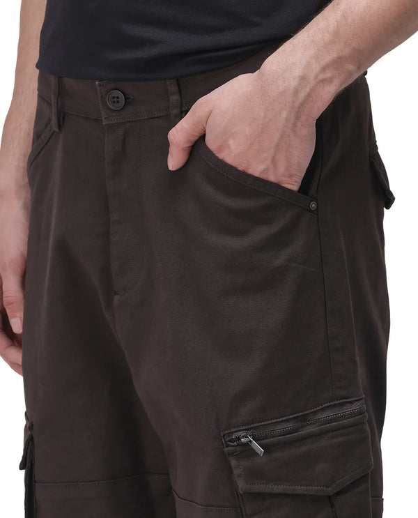 Rare Rabbit Men's Dima Dark Brown Cotton Elastane Fabric Button And Zip Closure Cargo Trouser