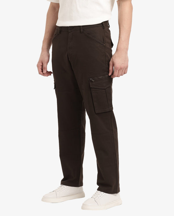 Rare Rabbit Men's Dima Brown Cotton Elastane Fabric Button And Zip Closure Cargo Trouser