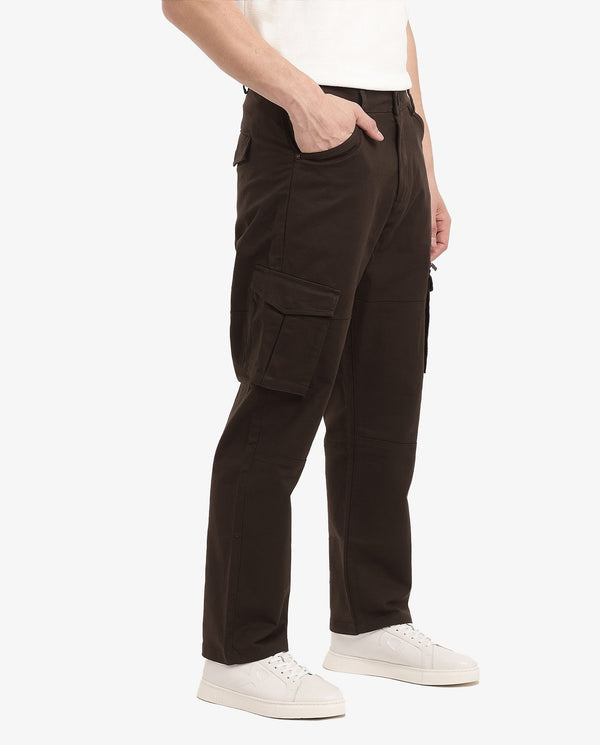 Rare Rabbit Men's Dima Brown Cotton Elastane Fabric Button And Zip Closure Cargo Trouser
