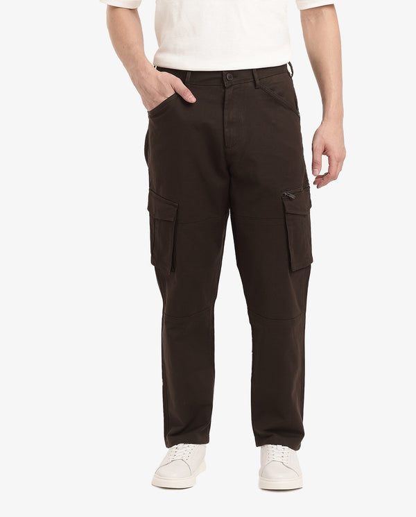 Rare Rabbit Men's Dima Brown Cotton Elastane Fabric Button And Zip Closure Cargo Trouser