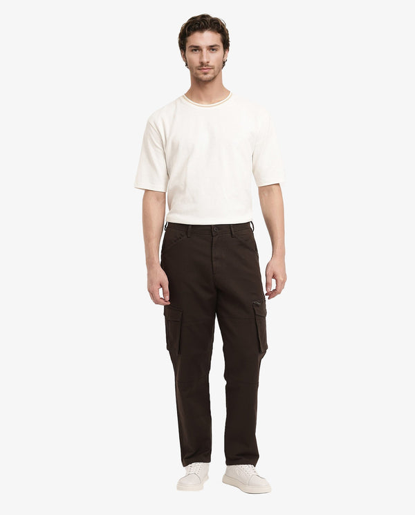 Rare Rabbit Men's Dima Brown Cotton Elastane Fabric Button And Zip Closure Cargo Trouser