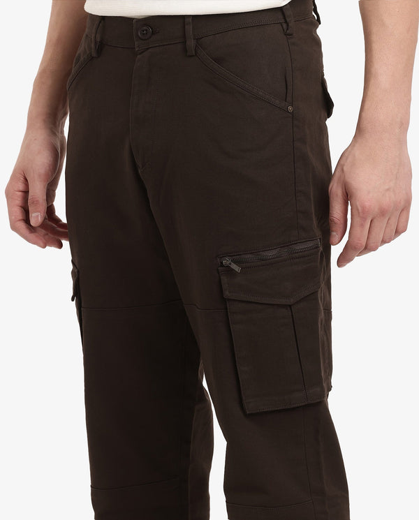 Rare Rabbit Men's Dima Brown Cotton Elastane Fabric Button And Zip Closure Cargo Trouser
