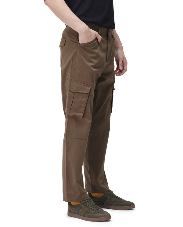 Rare Rabbit Men's Dima Dark Olive Cotton Elastane Fabric Button And Zip Closure Cargo Trouser