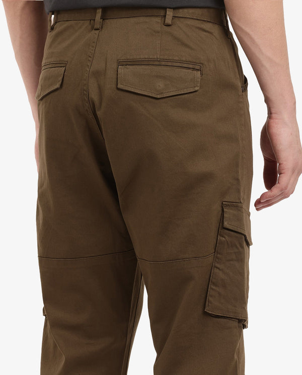 Rare Rabbit Men's Dima Dark Olive Cotton Elastane Fabric Button And Zip Closure Cargo Trouser