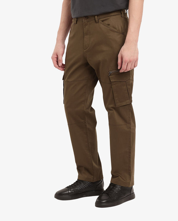 Rare Rabbit Men's Dima Dark Olive Cotton Elastane Fabric Button And Zip Closure Cargo Trouser