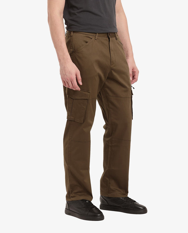 Rare Rabbit Men's Dima Dark Olive Cotton Elastane Fabric Button And Zip Closure Cargo Trouser