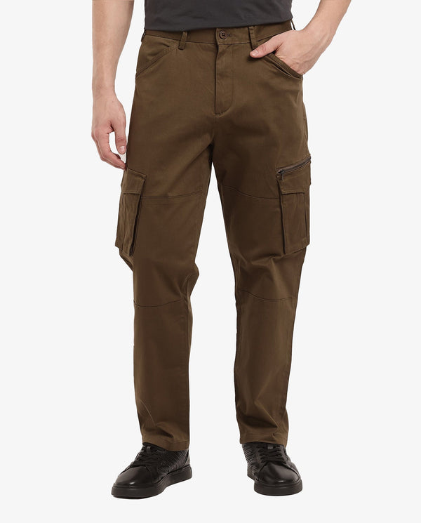 Rare Rabbit Men's Dima Dark Olive Cotton Elastane Fabric Button And Zip Closure Cargo Trouser