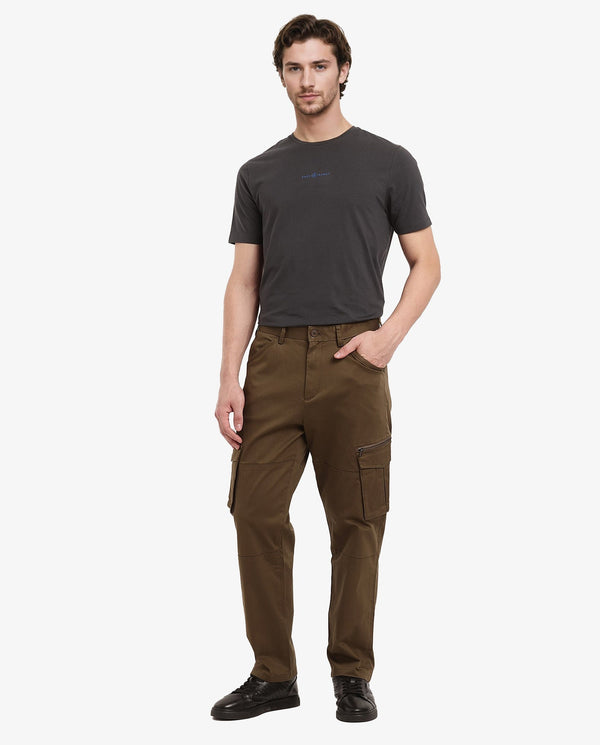 Rare Rabbit Men's Dima Dark Olive Cotton Elastane Fabric Button And Zip Closure Cargo Trouser