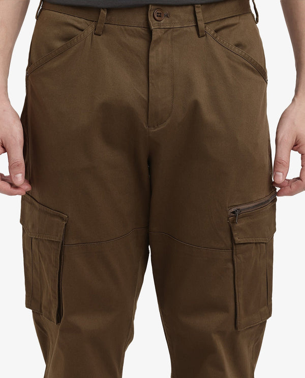 Rare Rabbit Men's Dima Dark Olive Cotton Elastane Fabric Button And Zip Closure Cargo Trouser