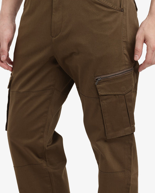 Rare Rabbit Men's Dima Dark Olive Cotton Elastane Fabric Button And Zip Closure Cargo Trouser
