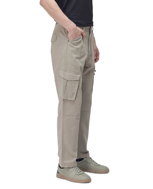 Rare Rabbit Men's Dima Light Olive Cotton Elastane Fabric Button And Zip Closure Cargo Trouser