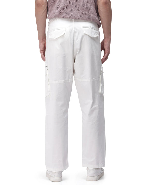Rare Rabbit Men's Dima White Cotton Elastane Fabric Button And Zip Closure Cargo Trouser
