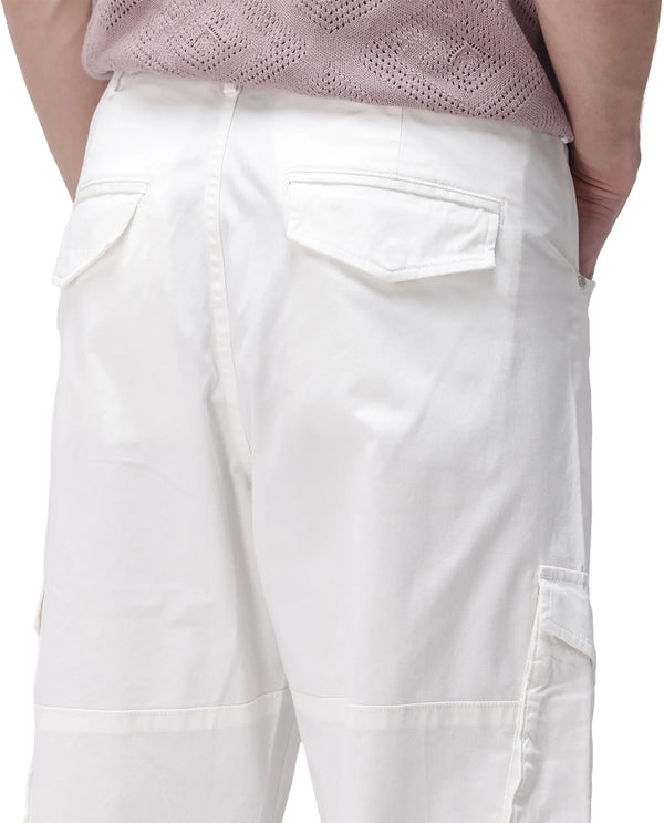 Rare Rabbit Men's Dima White Cotton Elastane Fabric Button And Zip Closure Cargo Trouser