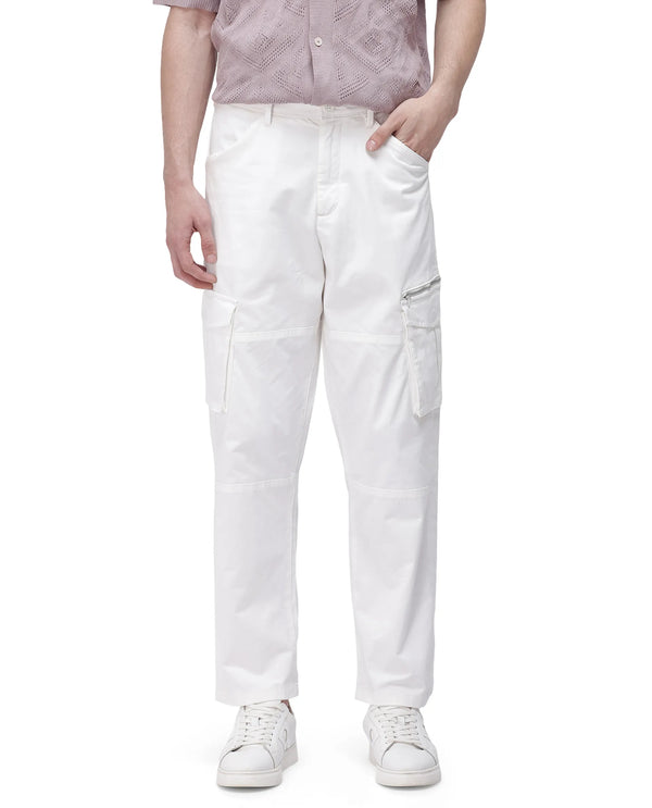 Rare Rabbit Men's Dima White Cotton Elastane Fabric Button And Zip Closure Cargo Trouser
