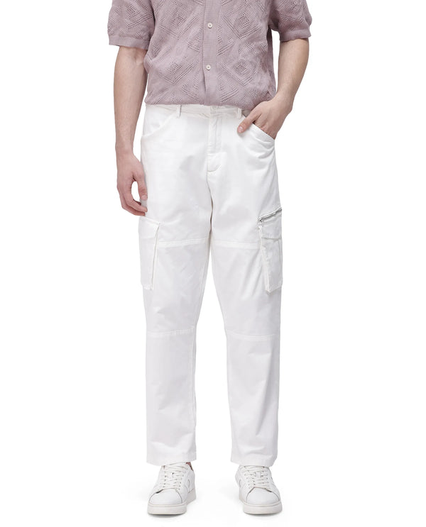 Rare Rabbit Men's Dima White Cotton Elastane Fabric Button And Zip Closure Cargo Trouser