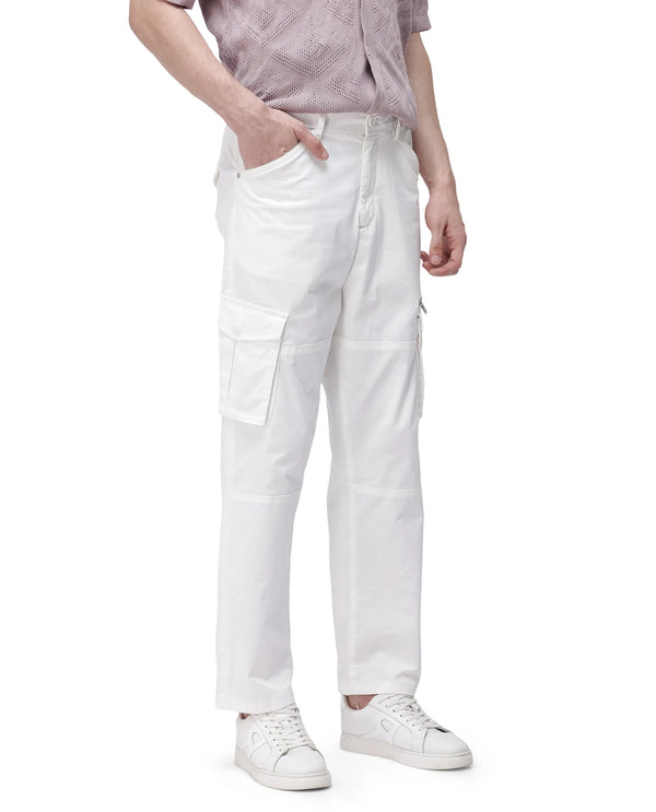 Rare Rabbit Men's Dima White Cotton Elastane Fabric Button And Zip Closure Cargo Trouser
