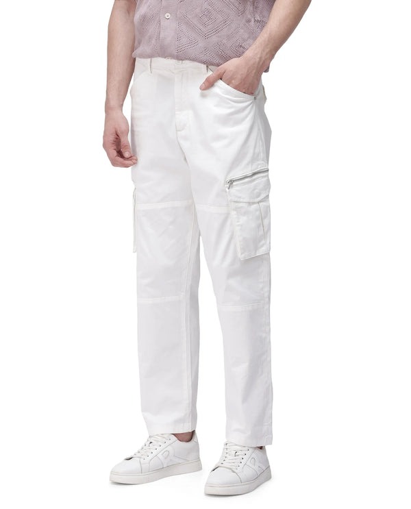 Rare Rabbit Men's Dima White Cotton Elastane Fabric Button And Zip Closure Cargo Trouser