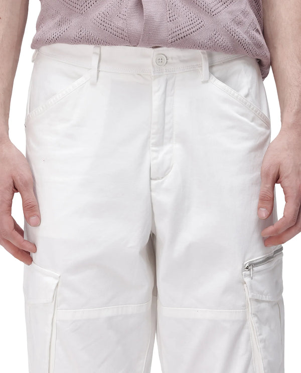 Rare Rabbit Men's Dima White Cotton Elastane Fabric Button And Zip Closure Cargo Trouser