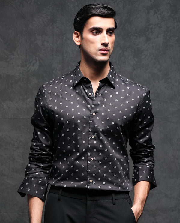 Rare Rabbit Men's Dimp Black Cotton Fabric Full Sleeves Floral Print Shirt