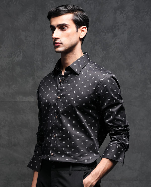 Rare Rabbit Men's Dimp Black Cotton Fabric Full Sleeves Floral Print Shirt