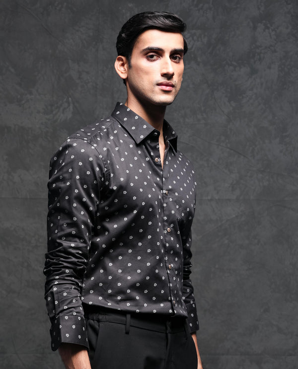Rare Rabbit Men's Dimp Black Cotton Fabric Full Sleeves Floral Print Shirt