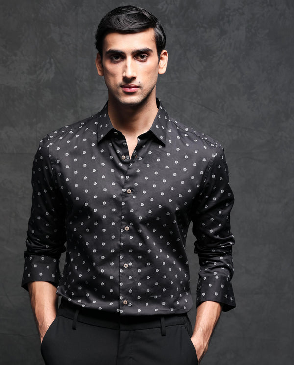 Rare Rabbit Men's Dimp Black Cotton Fabric Full Sleeves Floral Print Shirt