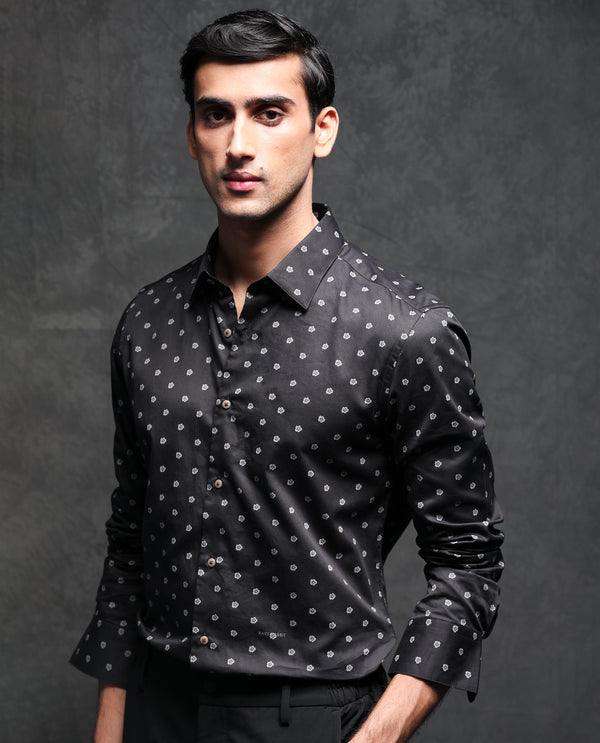 Rare Rabbit Men's Dimp Black Cotton Fabric Full Sleeves Floral Print Shirt