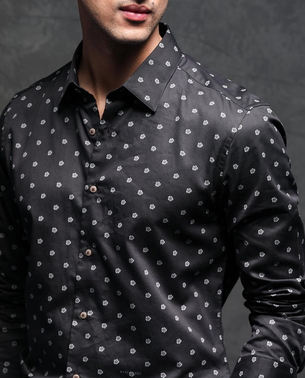Rare Rabbit Men's Dimp Black Cotton Fabric Full Sleeves Floral Print Shirt