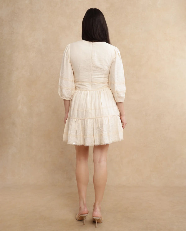 Rareism Women Dinklage Beige Bishop Sleeves V-Neck Zipper Closure Fit And Flare Mini Plain Dress