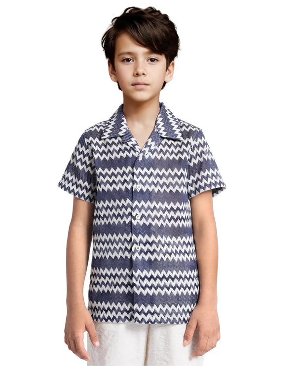 Rare Ones Kids Dio Blue Cotton Poly Half Sleeve Cuban Collar Dobby Shirt