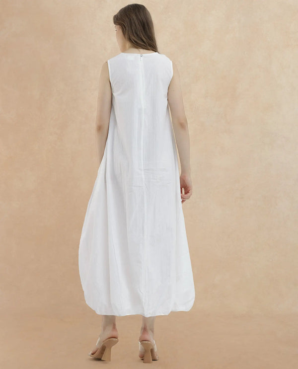 Rareism Women Divan Light White Cotton Fabric Zip Closure Round Neck Sleeveless Relaxed Fit Plain Midi Dress
