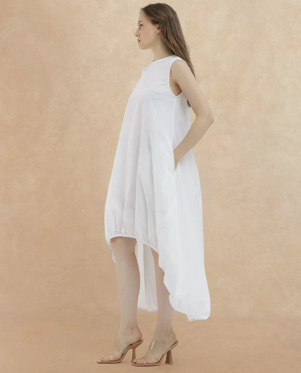Rareism Women Divan Light White Cotton Fabric Zip Closure Round Neck Sleeveless Relaxed Fit Plain Midi Dress