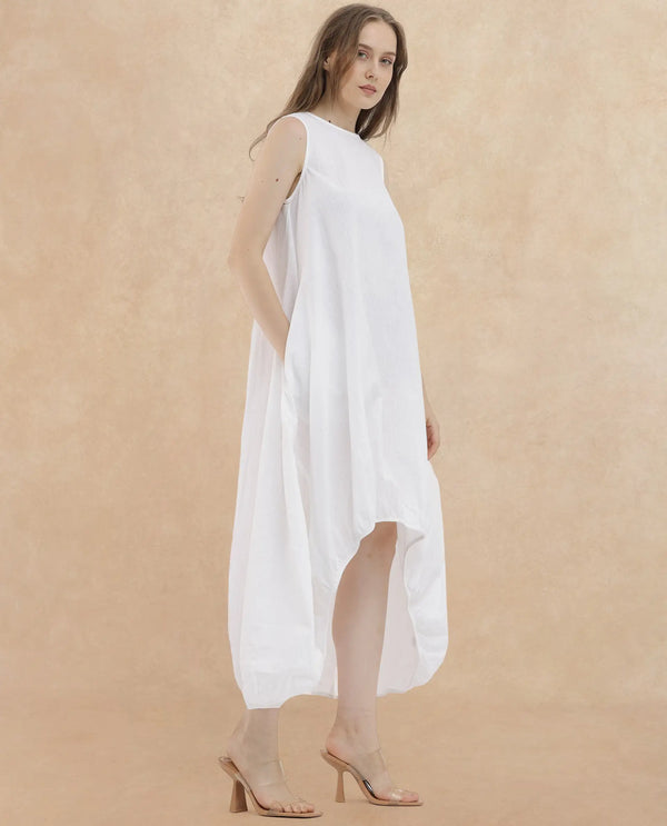 Rareism Women Divan Light White Cotton Fabric Zip Closure Round Neck Sleeveless Relaxed Fit Plain Midi Dress