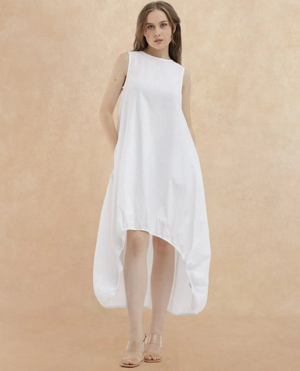 Rareism Women Divan Light White Cotton Fabric Zip Closure Round Neck Sleeveless Relaxed Fit Plain Midi Dress