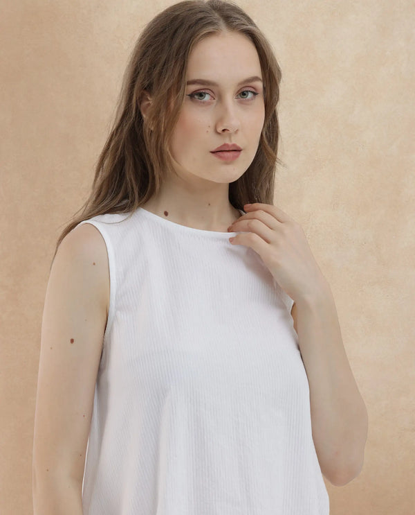 Rareism Women Divan Light White Cotton Fabric Zip Closure Round Neck Sleeveless Relaxed Fit Plain Midi Dress