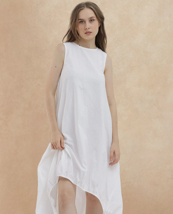Rareism Women Divan Light White Cotton Fabric Zip Closure Round Neck Sleeveless Relaxed Fit Plain Midi Dress