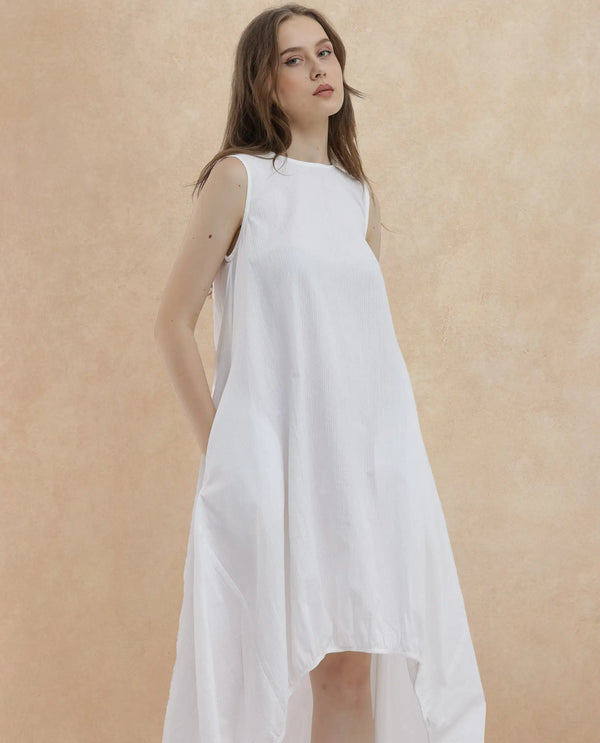 Rareism Women Divan Light White Cotton Fabric Zip Closure Round Neck Sleeveless Relaxed Fit Plain Midi Dress