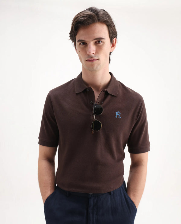 Rare Rabbit Men Dive Dark Brown Cotton Fabric Short Sleeve Button Closure Regular Fit Embroidered Logo Plain Polo T-Shirt