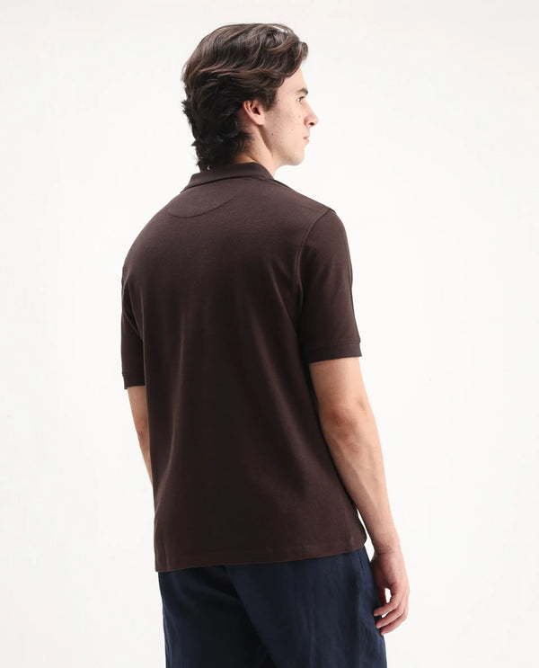 Rare Rabbit Men Dive Dark Brown Cotton Fabric Short Sleeve Button Closure Regular Fit Embroidered Logo Plain Polo T-Shirt