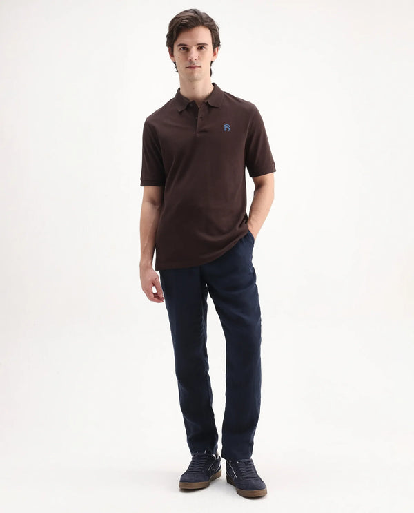 Rare Rabbit Men Dive Dark Brown Cotton Fabric Short Sleeve Button Closure Regular Fit Embroidered Logo Plain Polo T-Shirt