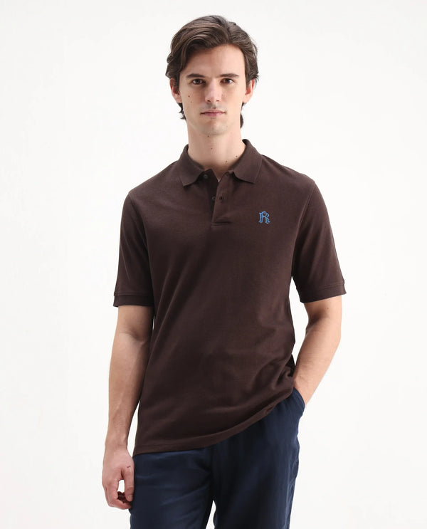 Rare Rabbit Men Dive Dark Brown Cotton Fabric Short Sleeve Button Closure Regular Fit Embroidered Logo Plain Polo T-Shirt
