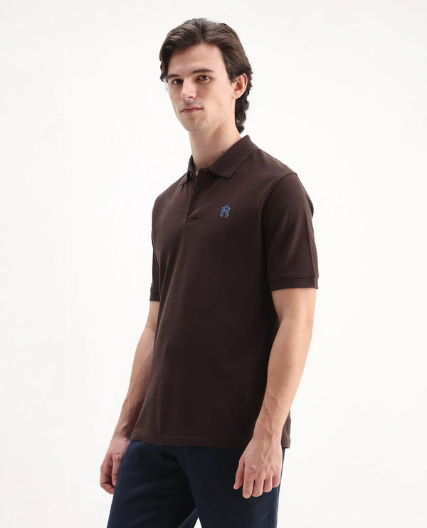 Rare Rabbit Men Dive Dark Brown Cotton Fabric Short Sleeve Button Closure Regular Fit Embroidered Logo Plain Polo T-Shirt