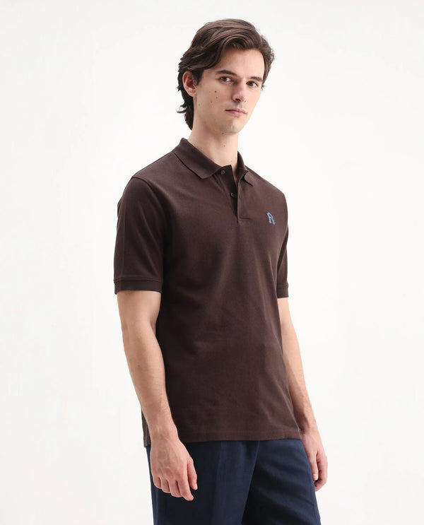 Rare Rabbit Men Dive Dark Brown Cotton Fabric Short Sleeve Button Closure Regular Fit Embroidered Logo Plain Polo T-Shirt