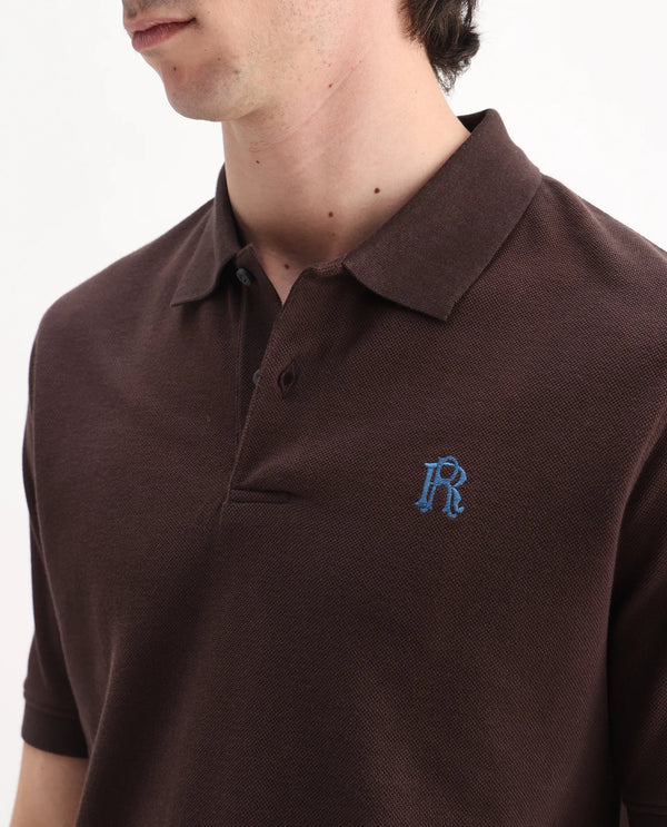 Rare Rabbit Men Dive Dark Brown Cotton Fabric Short Sleeve Button Closure Regular Fit Embroidered Logo Plain Polo T-Shirt